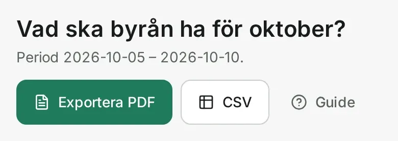 Lön: Vad ska byrån ha för oktober? En låst period och knapparna Exportera PDF och CSV.