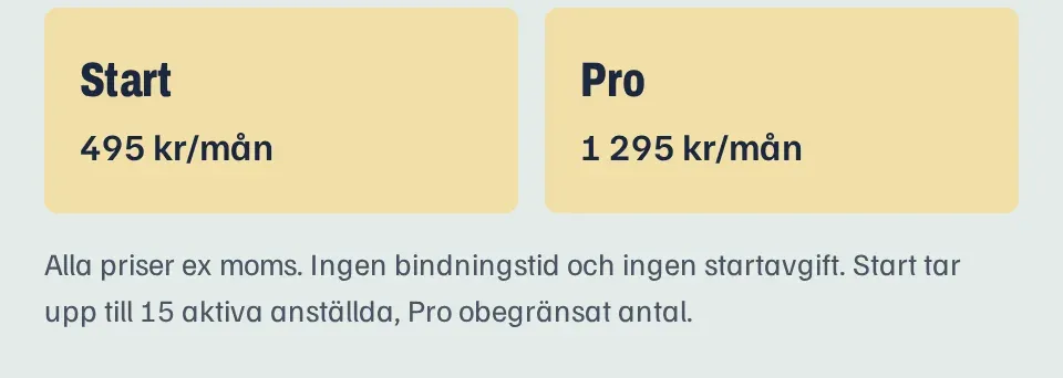 Prisrutan i appen: Start 495 kr/mån, Pro 1 295 kr/mån. Alla priser ex moms, ingen bindningstid och ingen startavgift.