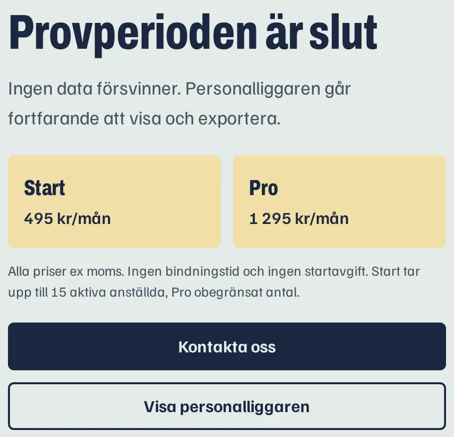 Appen när provperioden är slut: Ingen data försvinner. Personalliggaren går fortfarande att visa och exportera.
